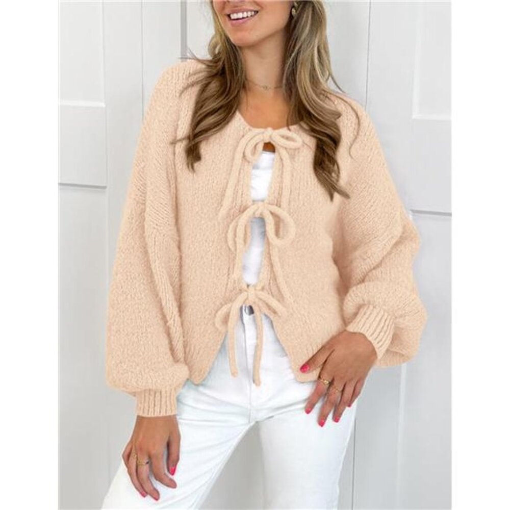 NEW Women's Tie Front Bow Cardigan Sweaters Chunky Knit Long Puff Sleeve Trendy - Picture 3 of 6